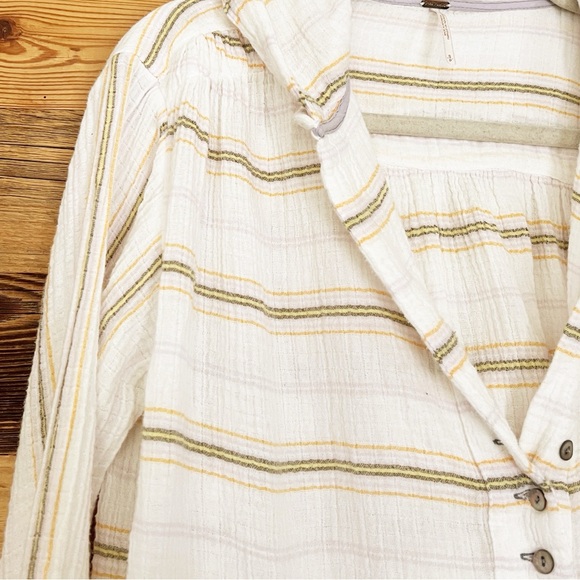 Free People Rolling Clouds 100% Cotton Hooded Blouse Ivory Cream Striped - Picture 8 of 8